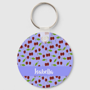 Chaveiro Padrão de cerejas de nome personalizado azul