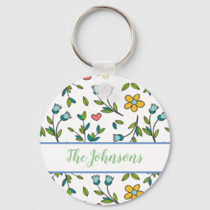 Chaveiro Padrão de Coração e Floral Coloridos Desenhados