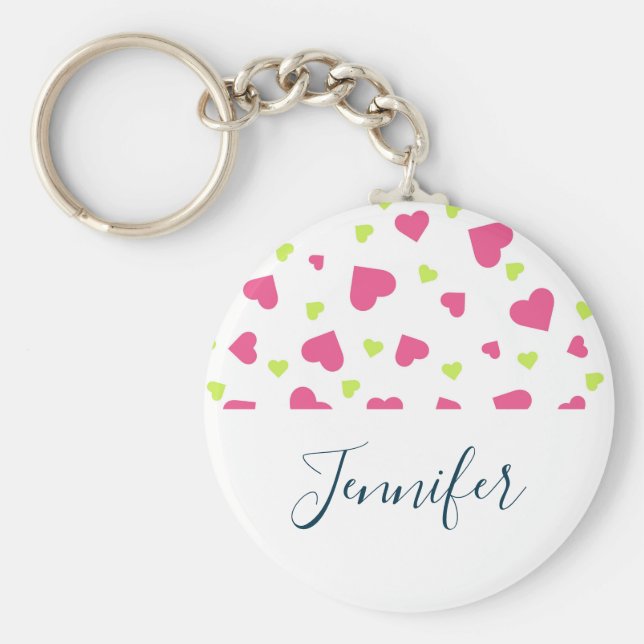 Chaveiro Padrão de Corações Bonitos, Rosa e Verde (Frente)