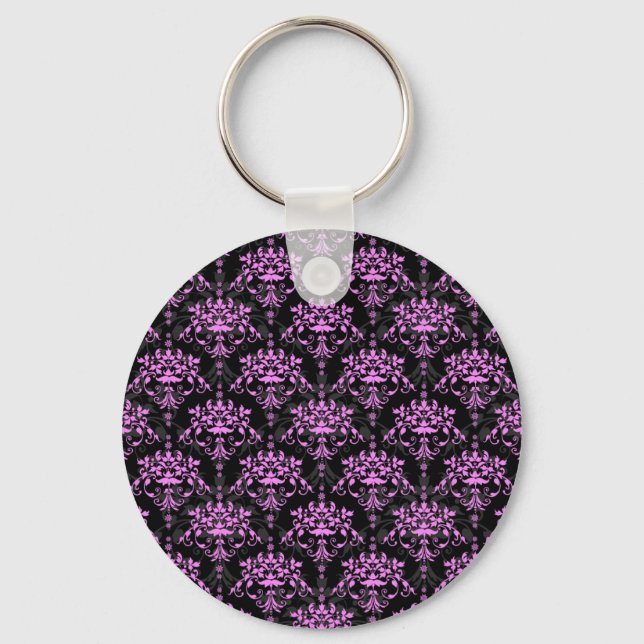 Chaveiro Padrão de damasco floral preto e fúcsia (Frente)