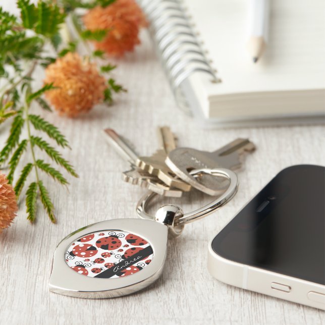 Chaveiro Padrão De Damybugs, Red Ladybugs, Seu Nome (Lateral)