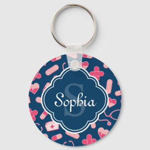 Chaveiro Padrão de Enfermeira Rosa e Azul com Monograma