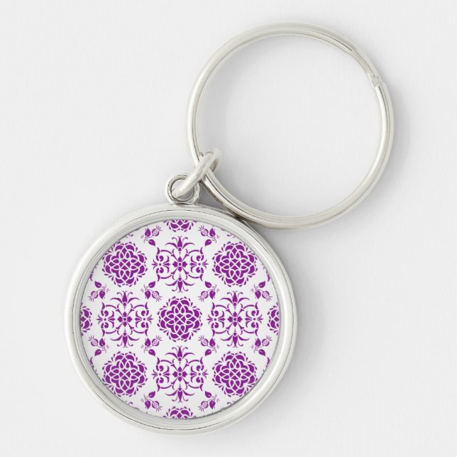 Chaveiro Padrão de estilo damasco floral roxo e branco (Frente)