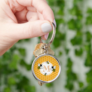 Chaveiro Padrão de favo de mel monogramado com abelhas