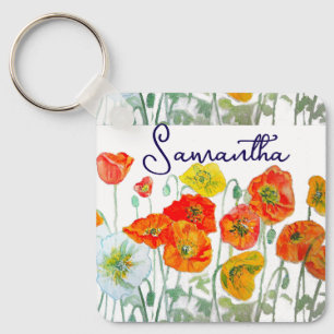 Chaveiro Padrão de Flor de Papoula Vermelha Laranja Obrigad