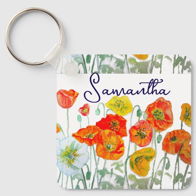 Chaveiro Padrão de Flor de Papoula Vermelha Laranja Obrigad (Frente)