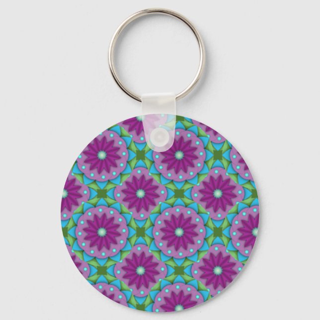 Chaveiro Padrão de Flor Magenta, Rosa e Verde (Frente)