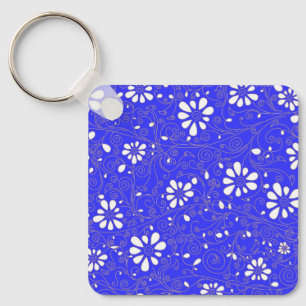Chaveiro Padrão de flores clássicas azul branco fofo