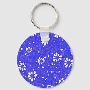 Chaveiro Padrão de flores clássicas azul branco fofo