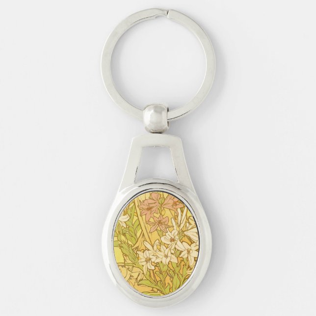 Chaveiro Padrão de Flores de Lírio de Alphonse Mucha: Art N (Frente)