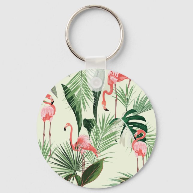 Chaveiro Padrão de Flores Exóticas Flamingo Rosa (Frente)