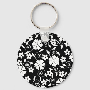 Chaveiro Padrão de flores giratórias preto e branco fofo