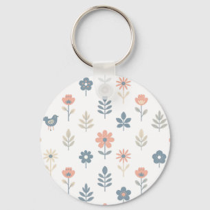 Chaveiro Padrão de Flores Pássaros Folk Escandinavo