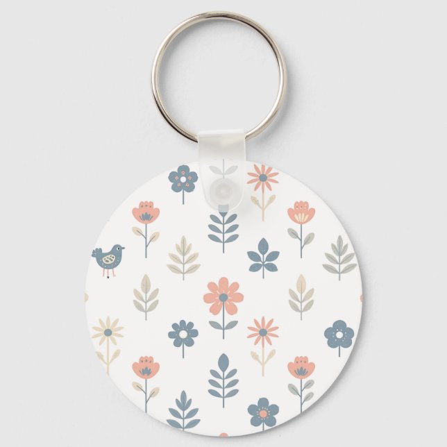 Chaveiro Padrão de Flores Pássaros Folk Escandinavo (Frente)