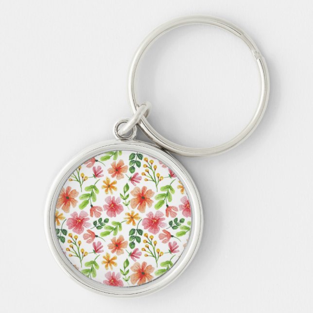 Chaveiro Padrão de Flores Rosa em Aquarela (Frente)
