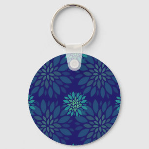 Chaveiro Padrão de Folhas Florais Azul e Verde Moderno