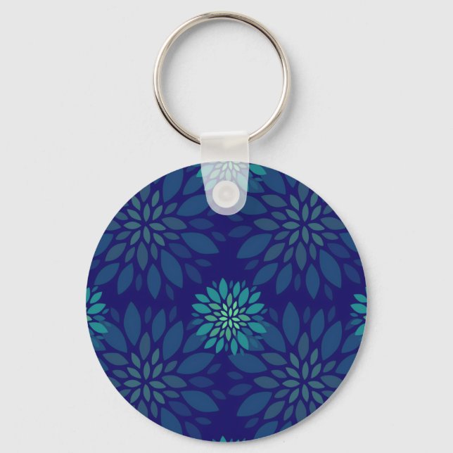 Chaveiro Padrão de Folhas Florais Azul e Verde Moderno (Frente)