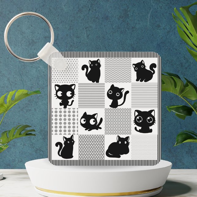 Chaveiro Padrão de Gato Preto Cinto (Cute Black Cat Pattern Keychain)