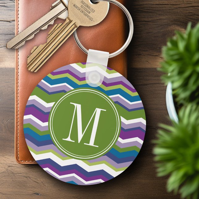Chaveiro Padrão de Gavão Verde e Púrpura com Monograma (Personalized Keychain - Add Name or Monogram)