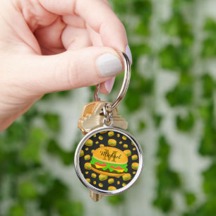 Chaveiro Padrão de hambúrguer delicioso e divertido Monogra