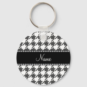 Chaveiro Padrão de houndstooth branco de nome personalizado