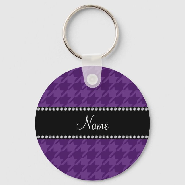 Chaveiro Padrão de houndstooth roxo de nome personalizado (Frente)