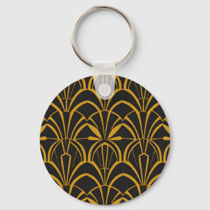 Chaveiro Padrão de Leque Art Déco Clássico Preto Dourado Ru