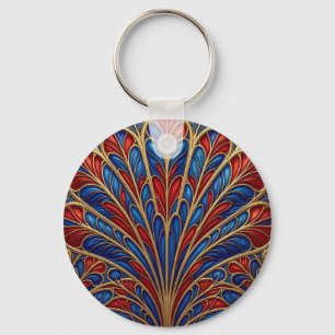 Chaveiro Padrão de Leque de Pavão Azul Dourado Vermelho Rea