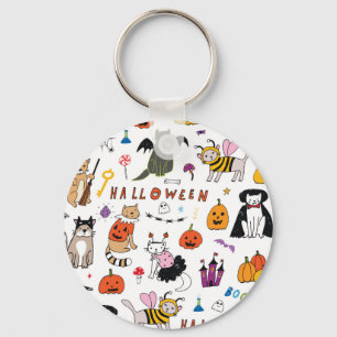 Chaveiro Padrão de Linha de Vintagem de Gatos Halloween