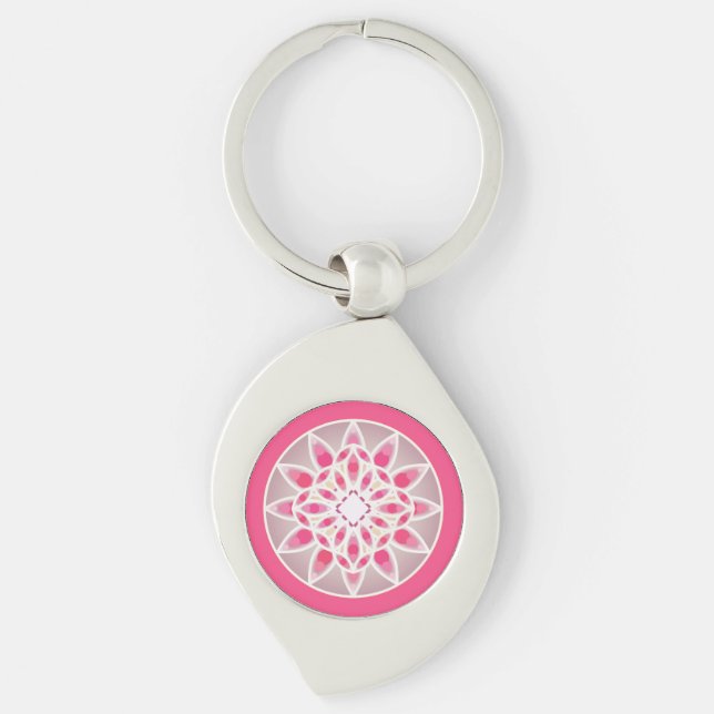 Chaveiro padrão de mandala em rosa fúcsia, branco e cinza (Frente)