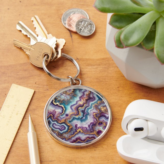 Chaveiro Padrão de Mármore Roxo Âmbar Azul Dourado (Mesa)
