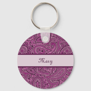 Chaveiro Padrão De Paisley Floral Roxo Elegante Com Nome