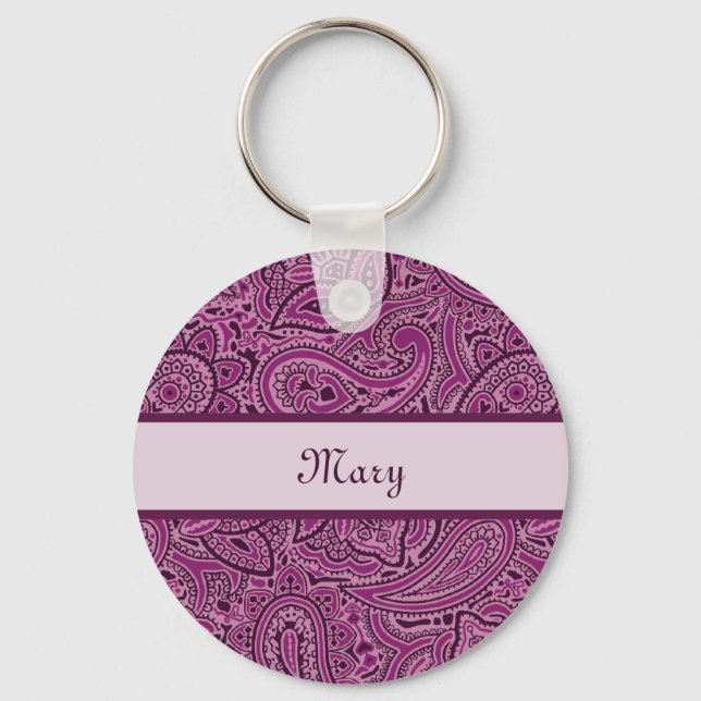 Chaveiro Padrão De Paisley Floral Roxo Elegante Com Nome (Frente)