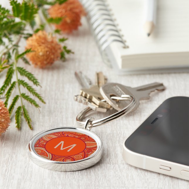 Chaveiro Padrão de Paisley Laranja Ornamentado com Monogram (Lateral)
