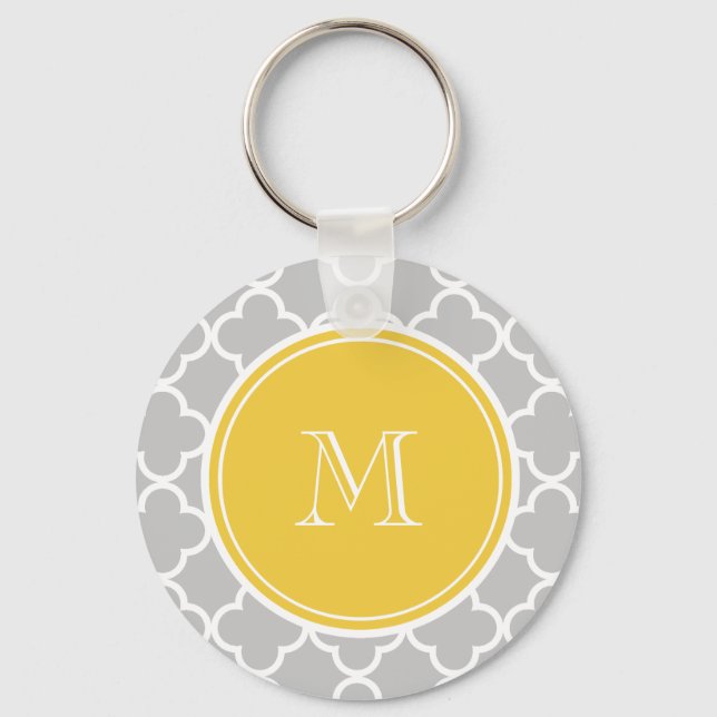 Chaveiro Padrão de Quatrefoil de cinzas, Monograma Amarelo (Frente)