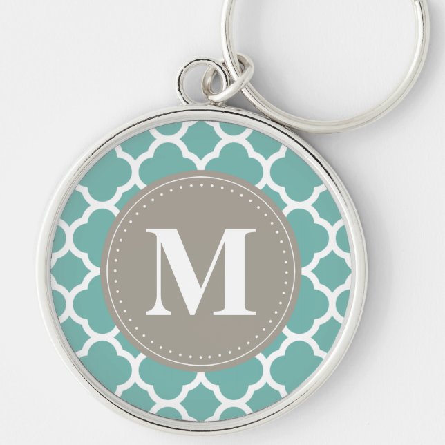Chaveiro Padrão de Quatrefoil de Turquesa de cinza Monogram (Frente)