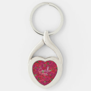 Chaveiro Padrão de Rosa Vermelha Intensa Eu Te Amo Com Nome