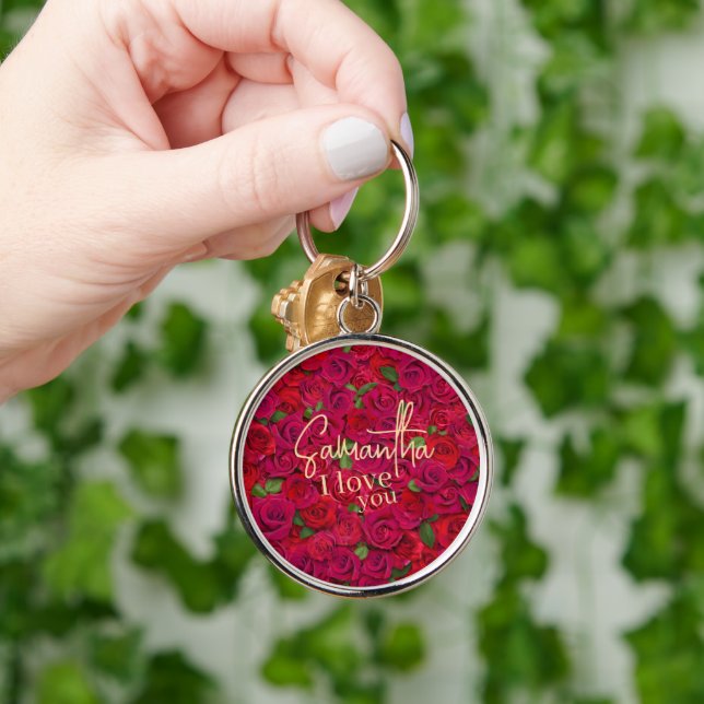 Chaveiro Padrão de Rosa Vermelha Intensa Eu Te Amo Com Nome (Mão)