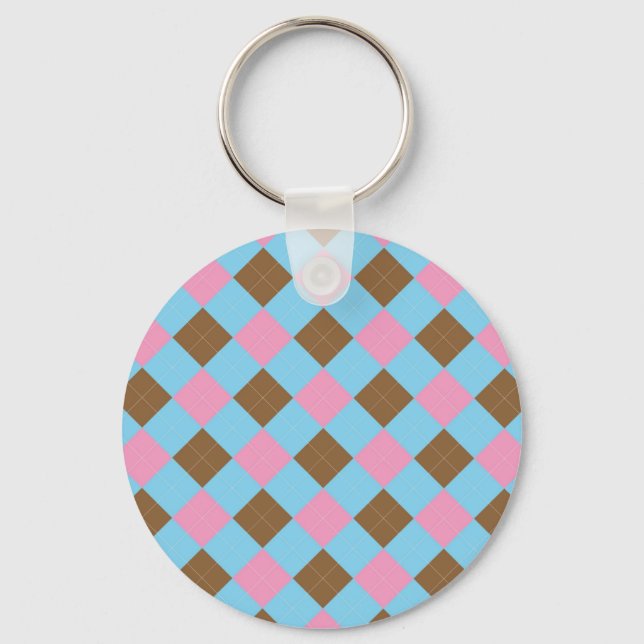 Chaveiro Padrão de xadrez azul, castanho e rosa (Frente)