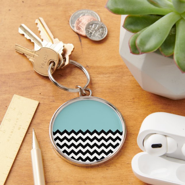 Chaveiro Padrão de ziguezague preto e branco, Chevron, azul (Mesa)