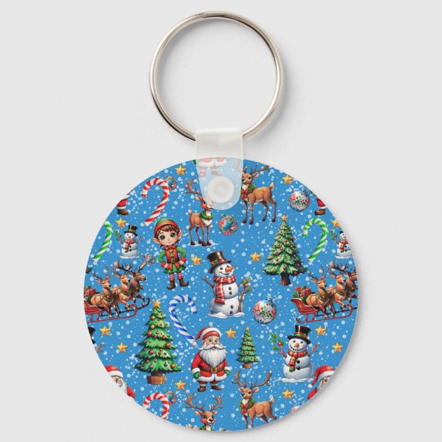 Chaveiro Padrão Decorativo de Natal com Fundo Azul (Frente)