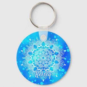 Chaveiro Padrão Elegante Monograma Branco e Azul de Mandala