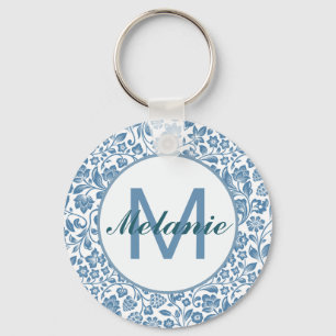 Chaveiro Padrão Floral Azul Branco Vintage Personalizado