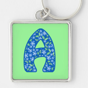 Chaveiro Padrão Floral Azul Monograma