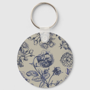 Chaveiro Padrão Floral Botânico Toile Azul Vintage