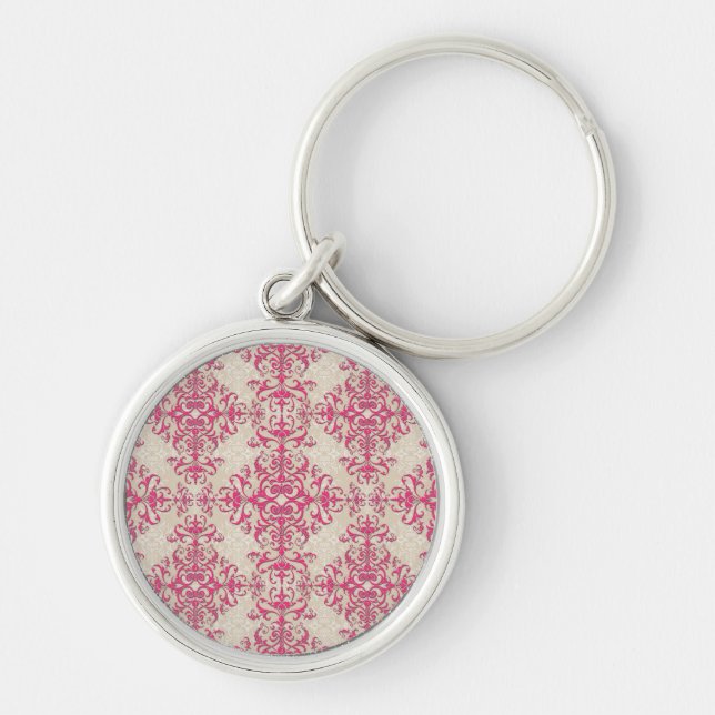Chaveiro Padrão Floral Damask Rosa Chic e Branco Esmaecido (Frente)