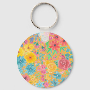 Chaveiro Padrão floral de aquarelas em amarelo
