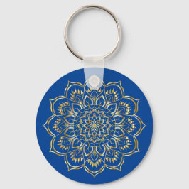 Chaveiro Padrão Floral de Mandala Azul e Dourado Elegante