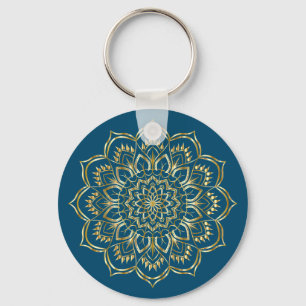 Chaveiro Padrão Floral de Mandala Azul Elegante e Dourado