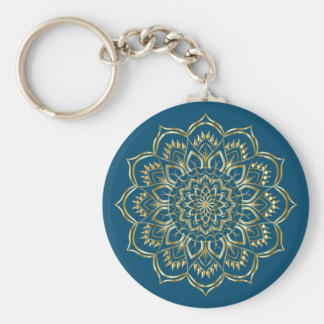 Chaveiro Padrão Floral de Mandala Azul Elegante e Dourado (Frente)